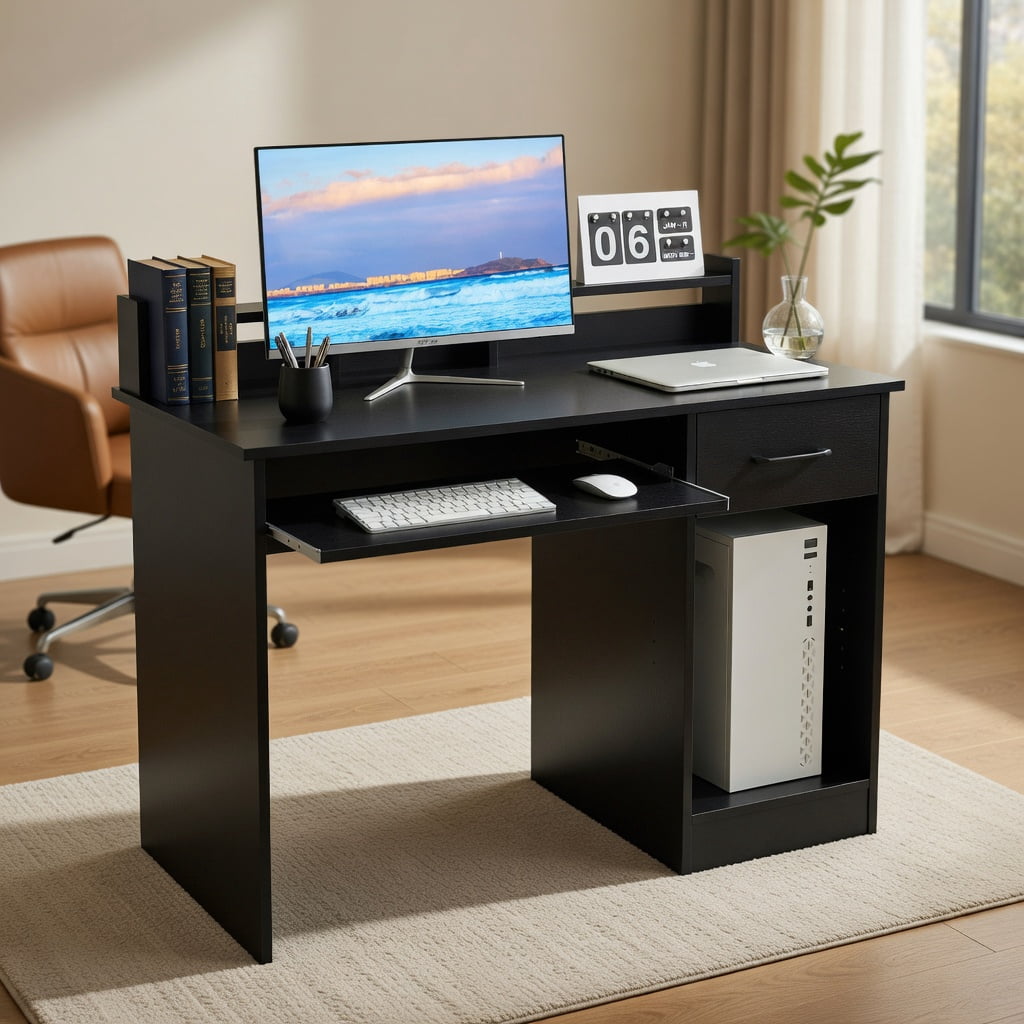 Topcobe Study Laptop Table with Drawer and Keyboard Tray, Desks for Bedrooms, Ideal for Working and Studying, Black