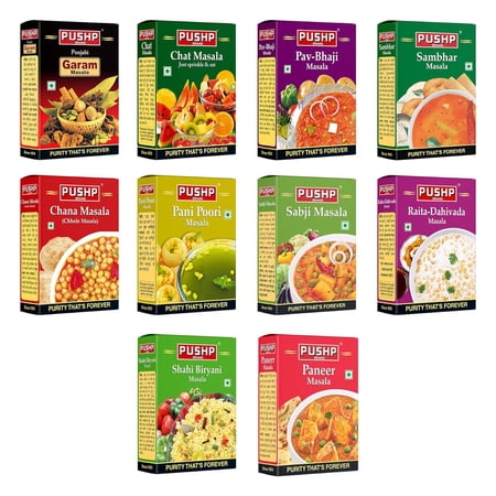 Organic Punjabi + Chat + Pav Bhaji + Sambhar + Chana + Pani Poori + Sabji + Raita Dahivada + Shahi Biryani + Paneer Masala Powder By Pushp 50gm, 1.7 Ounce | Pack Of 10
