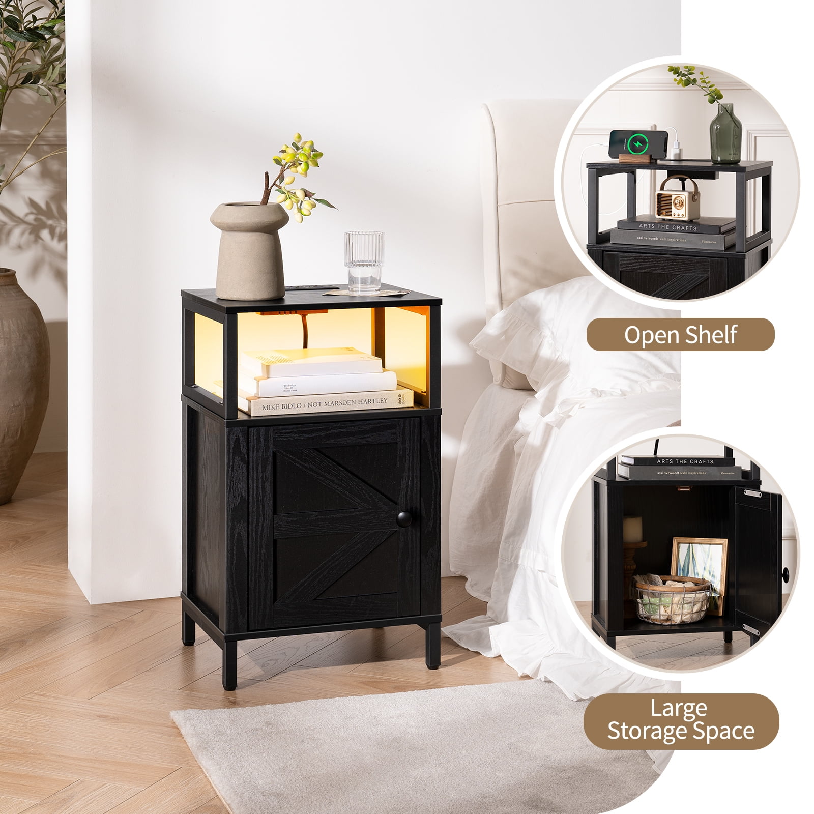 Farmhouse Wood NightStand with Charging Station & Adjustable LED,End Table with Storage Cabinet and Shelf, Bed Side Table with Barn Door for Bedroom Living Room ,Black
