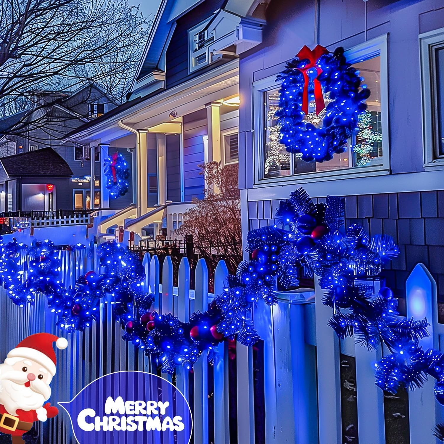 2 Pack Blue Solar String Lights Outdoor Waterproof, Each 33ft 100 LED Solar Fairy Lights, 8 Modes Copper Wire Mini Christmas Light for Outside Patio Garden Tree Christmas Decorations