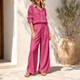 thumbnail image 2 of VISALY 2 Piece Linen Sets Women Collared Button Down Long Sleeve Shirts Drawstring Wide Leg Pants 2 Piece Outfit Set Loose Matching Tracksuit Summer Boho Beach Vacation Casual Outfits Hot Pink Xl, 2 of 4