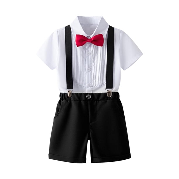 Odeerbi Chicos 4 Piezas Caballero Traje Formal Preppy Vestido de Manga Corta Camisa de Vestido + Traje Pantalones Cortos + Colgantes + Corbata Colegial Conjunto de Uniforme