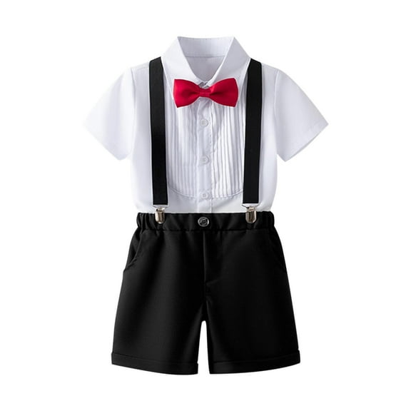 Moxiu Toddler Formal Outfit Kid Gentleman Short Sleeve Dress Shirt Bowtie Boy Suspender Shorts Wedding Suit Boys Outfits 3 Piece Set Black,10 Years
