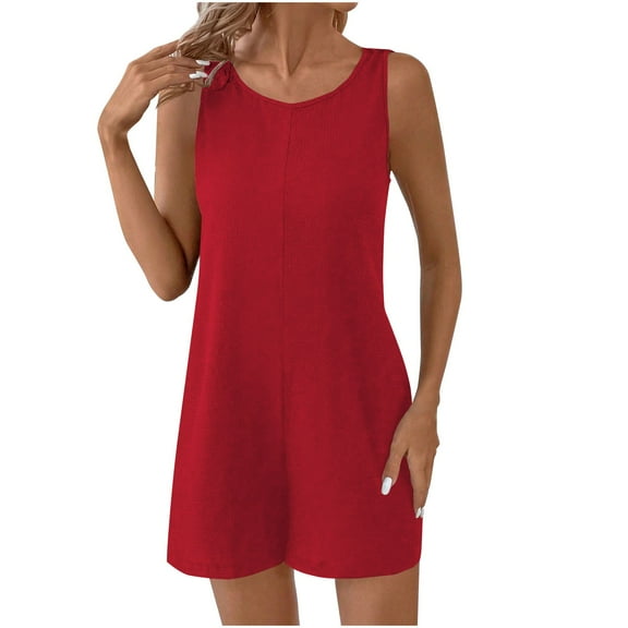 ABATAB Womens Casual Rompers Summer Sleeveless Jumpsuits Solid Color Wide Leg Beach Overalls Shorts with Pockets