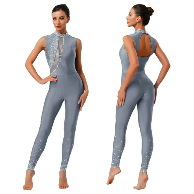Fldy Womens Sparkly Rhinestone Gymnastics Romper Sleeveless Unitard for Rhythmic Dance Competition Grey XL