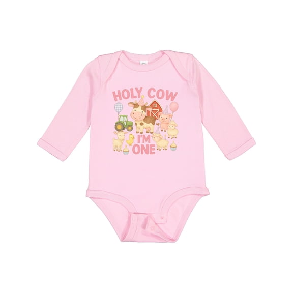 Inktastic Holy Cow I'm One Little Girls Farm Animals Birthday Boys or Girls Long Sleeve Baby Bodysuit