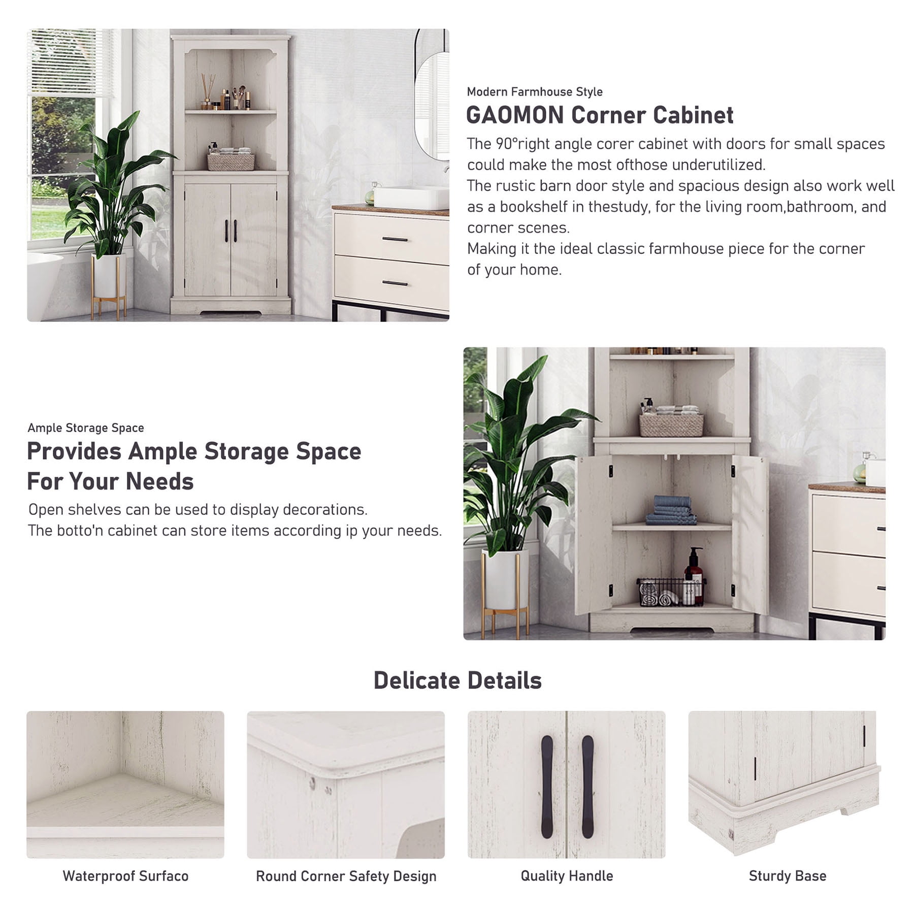 S-HOME Ample Storage Tall Corner Cabinet with Doors and Shelves For Living Room or Bathroom Stylish MDF Furniture, Beige