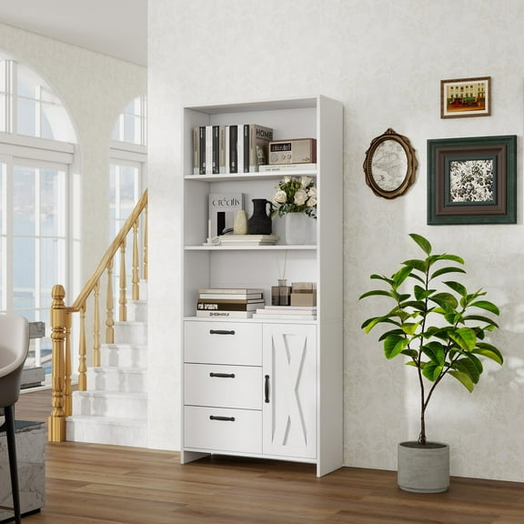 Studyset 6-Tier Bookshelf with Door and 3 Drawers,71" H Tall Bookcase Shelf with 3-Tier Open Shelves,Wooden Book Shelf with Storage Cabinet for Bedroom Living Room Entrance Hallway Home Office
