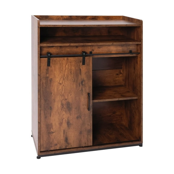 PINDEE Coffee Bar Cabinet/Table, 32" Buffet Sideboard with Sliding Barn Door and Storage Shelves, Farmhouse Wood Kitchen/Accent Storage Cabinet