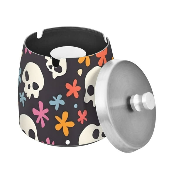 Outdoor Ashtray with Lid for Cigarette Stainless Steel Smokeless Ash Tray for Patio Home Table Decor Skulls and Flower