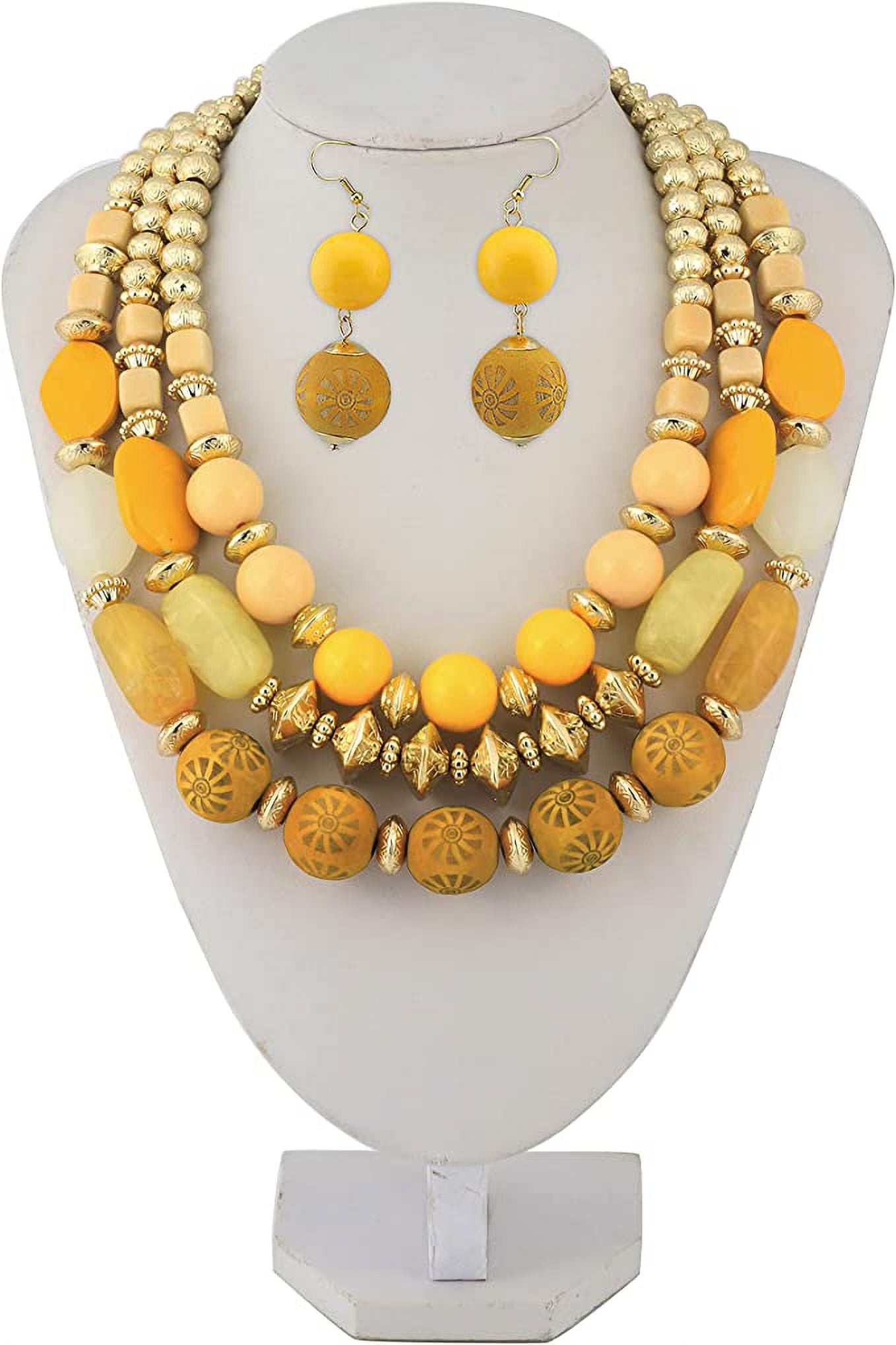 Bocar 3 Layer Chunky Statement Beaded Necklace and Earrings Set, Fashion Multi Layer Women Collar Necklace Jewelry Set (NK-10625-Amber Yellow Set)