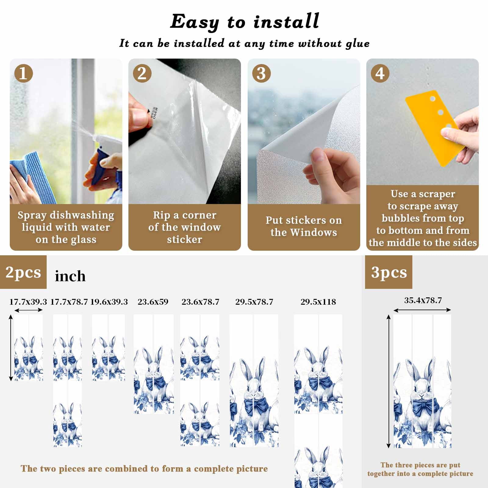 Easter Bunny Window Privacy Film, Simple Watercolor Blue Rabbits Country Spring Floral Leaf Frosted Glass Window Clings Static Cling UV Heat Blocking Reusable Door Sticker for Bathroom 23.6 x 59 Inch