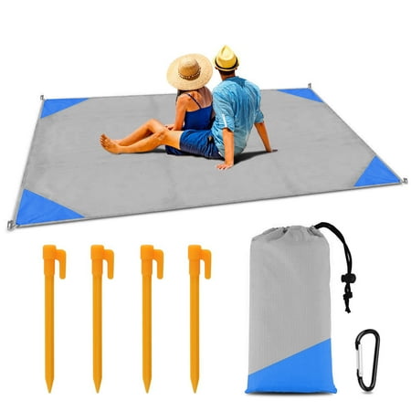 LNKOO Sandfree Beach Blanket 79" x 55" Extra Large, Soft Pocket Picnic Blanket, Waterproof Outdoor Family Mat with 4 Stakes& 1 Carabiner for Beach, Camping, Hiking, Music Festival, Machine Washable