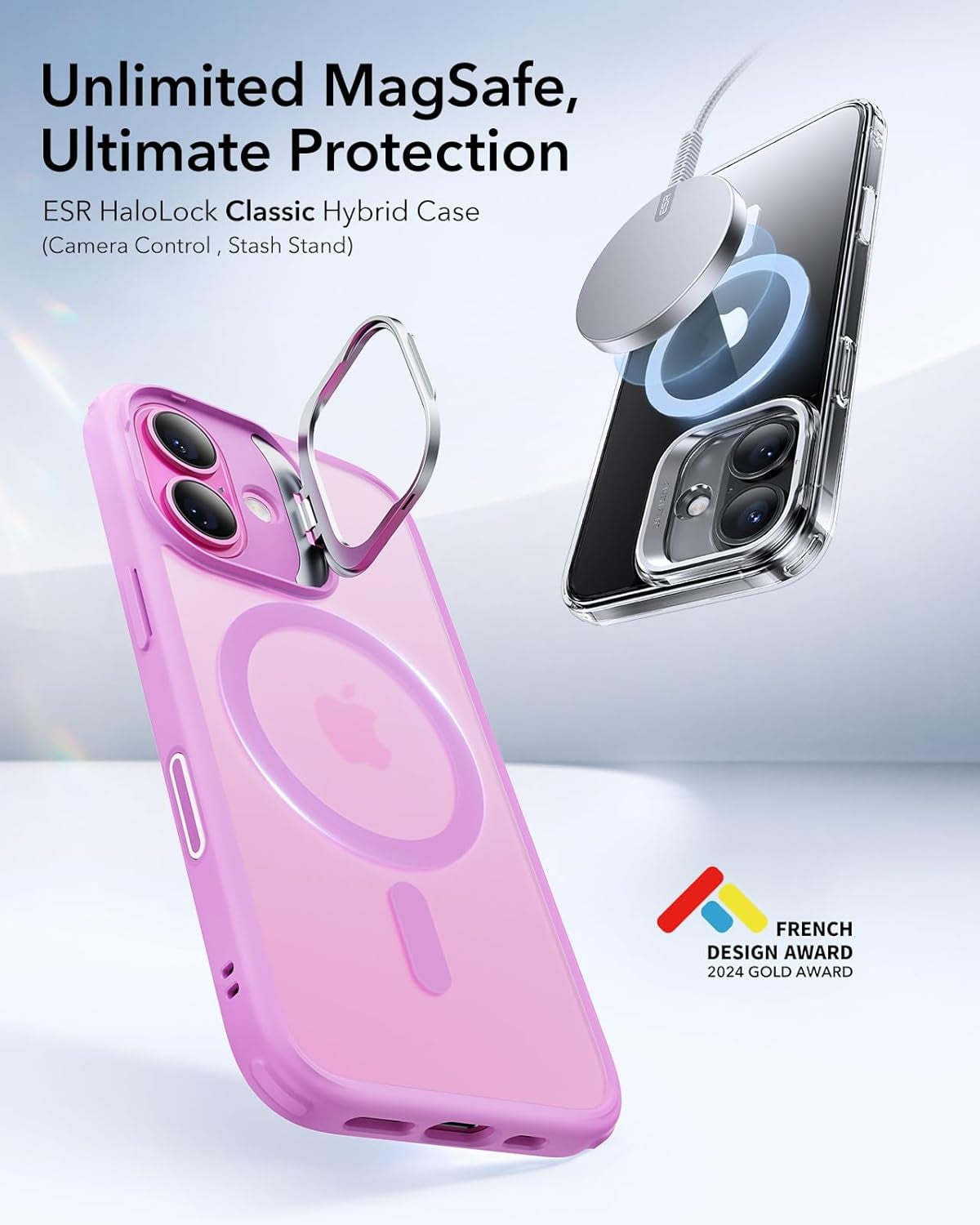 RGHJAR-ESR for iPhone 16 Case, Compatible with MagSafe, Military-Grade Protective Case, Built-in Stash Stand Phone Case, Scratch-Resistant Back Cover, Classic Series, Frosted Pink