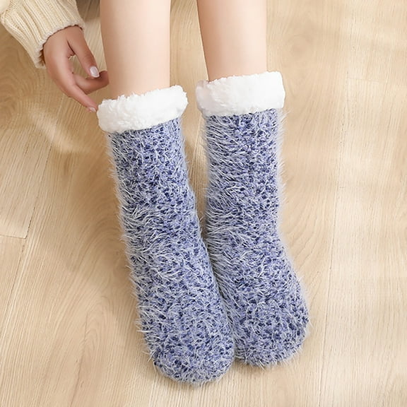 Tawop Womens Slippers Warm Fallen Thick Velvet Socks Thermal Leisure Home Blue Free Size