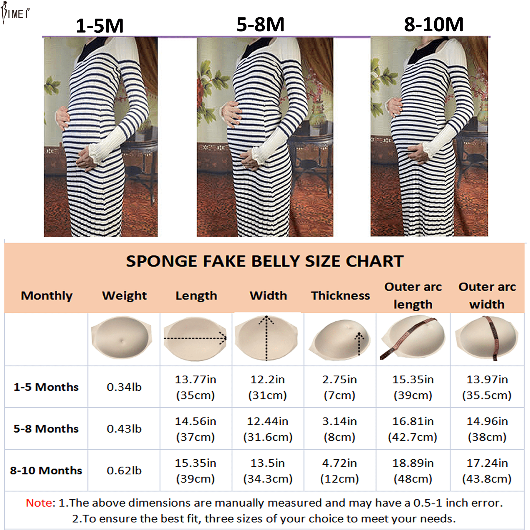 BIMEI Fake Pregnant Belly Sponge Velcro Closure Breathable Lightweight Adjustable Costume for Woman Include Belly Support Band, Black, L (8-10 months)