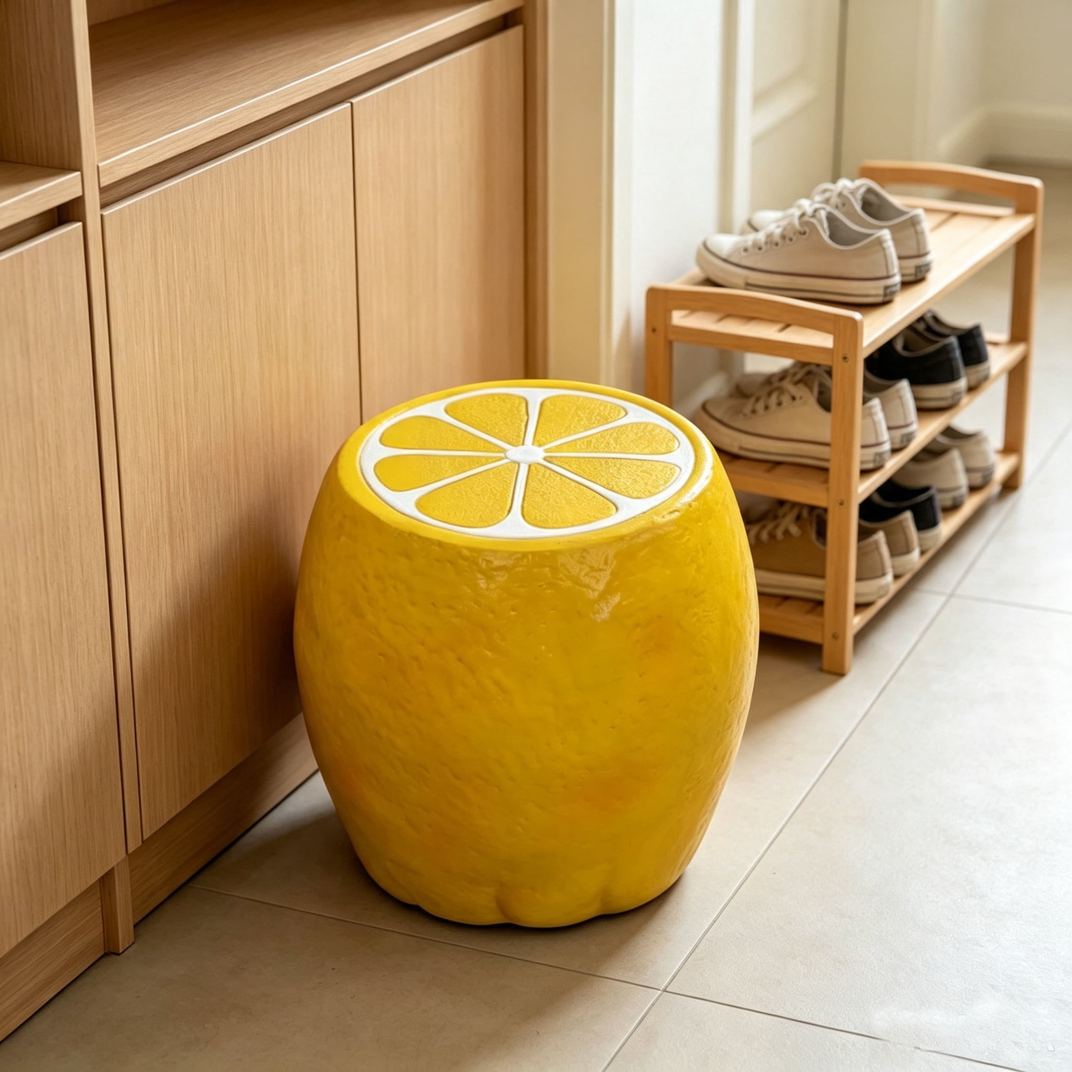 Noble House Lemon Fruit Stool, Cute Fairy Decorative Statue, Outdoor Creative Figurine Seat for Patio, Garden, Yellow