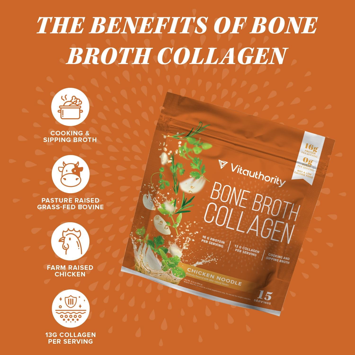 Vitauthority Bone Broth Collagen Protein Powder, 16g Protein Supplement, Chicken Noodle, 15 Servings