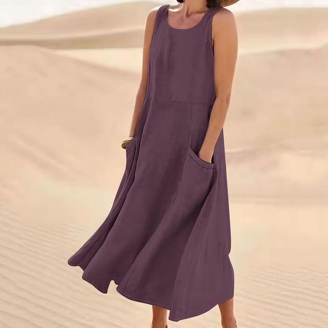 Meichang Robes Sans Manches en Lin pour Femmes Été Coupe Ample Col Rond Décontractées Robes d'Été Évasées Plage Vacances avec Poches