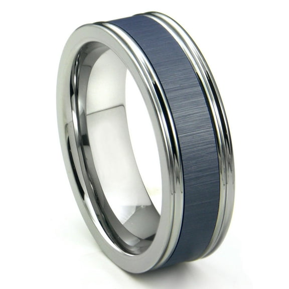 Titanium Kay Tungsten Carbide Blue Ceramic Inlay Wedding Band Ring with Horizontal Satin Finish Sz 10.0
