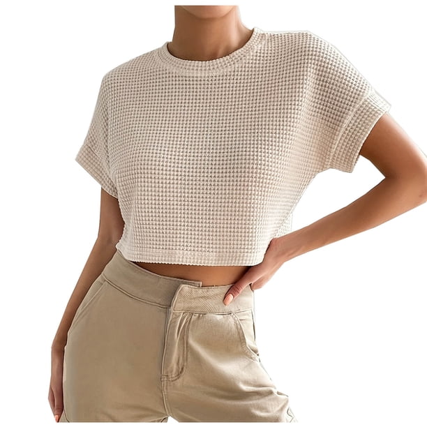 Tops de Manga Corta para Mujeres Cuello de Tripulación de Punto de Ajuste Suelto Detalle Lateral de Color Sólido Casual para el Uso Diario