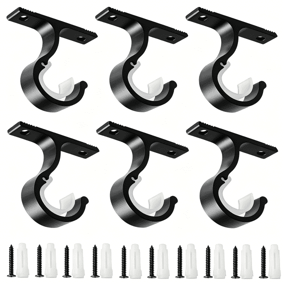 Curtain Rod Brackets Ajustable, 6 Pack Curtain Rod Holders, Curtain Rod Hooks for Walls, Drapery Rod Holders Hardware Window Curtain Rod Support Hanger for 1 Inch Rod (Black)