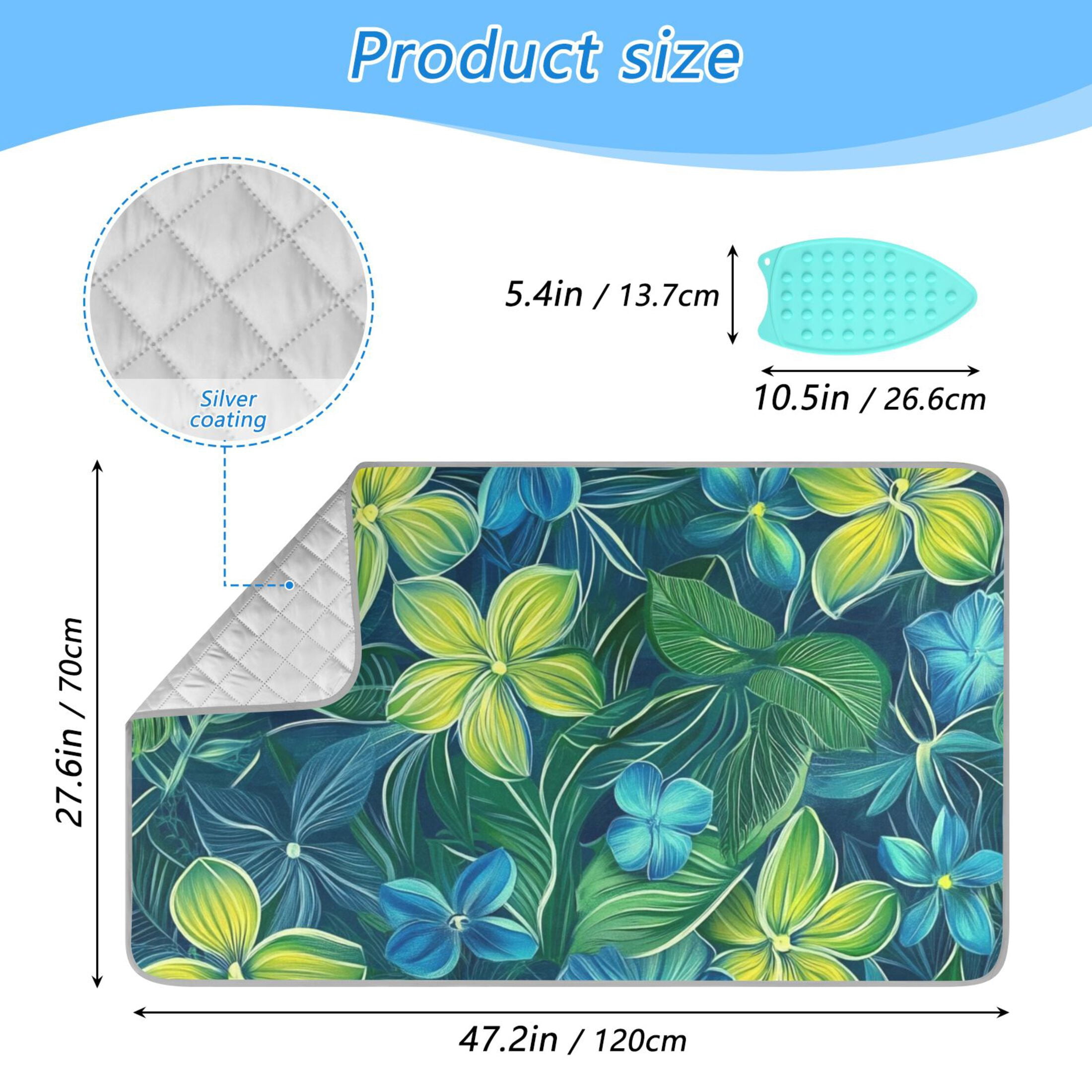 Blue Green Flowers Leaves Hawaii Style Ironing Mat Blanket Portable Travel Ironing Pad Heat Resistant Pad 47.2" x 27.6”