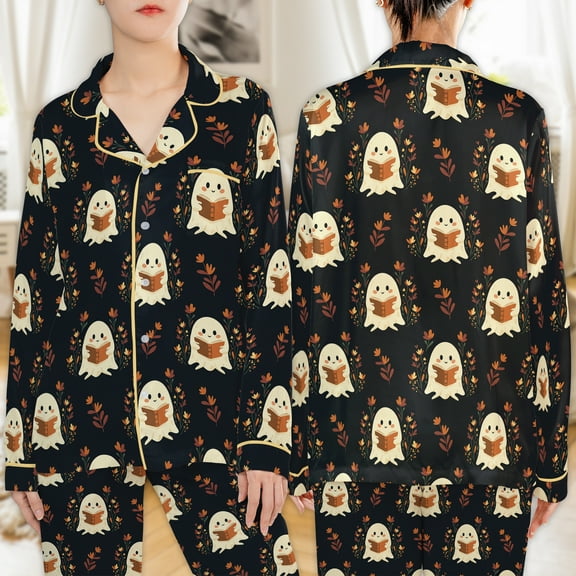 Lotusprinthandmade Cute Ghosts Reading Books Graphic All-over Print Satin Pajamas Set (S), ghost pajama set, halloween pajamas