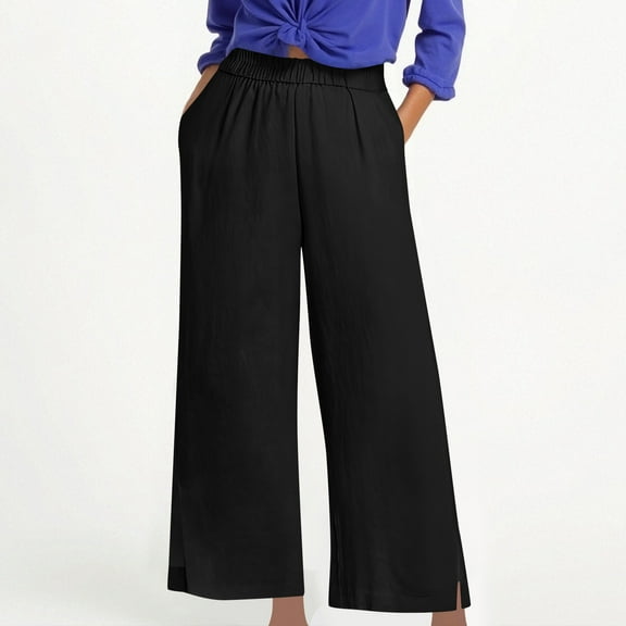 Roncen Women's Solid Color Casual Ankle-Length Pants - Comfortable Plus Size Relaxed Fit Trousers with Elastic Waist for Everyday Fashion Wear