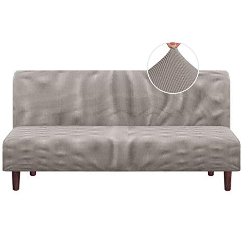 Stretch Armless Futon Cover Futon Slipcover Full Queen Size Futon Couch Cover Futon Sofa Cover Futon Bed Cover Furniture Protector with Elastic Bottom, Checked Pattern Jacquard (Futon, Taupe)