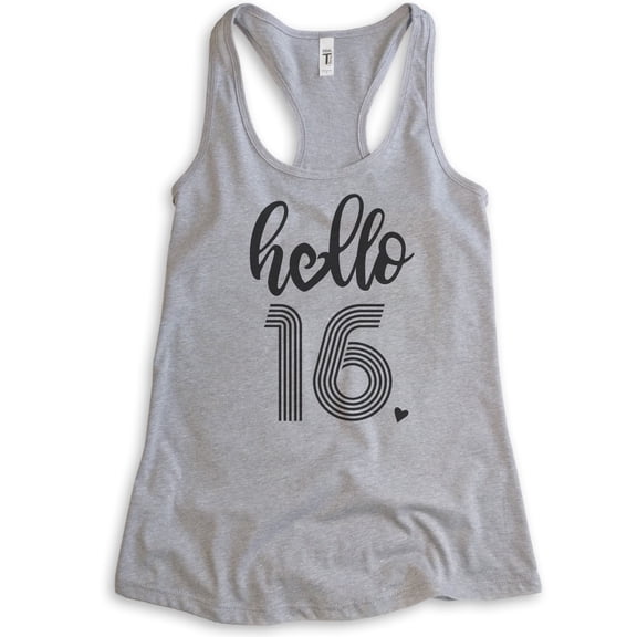Hello 16 Tank Top, Ladies Racerback Tank Top, 16th Birthday Tank, Sweet Sixteen Tank, B-day Tank, Heather Gray, X-Large