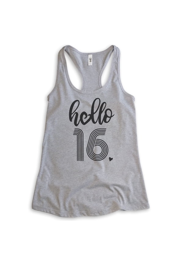 Hello 16 Tank Top, Ladies Racerback Tank Top, 16th Birthday Tank, Sweet Sixteen Tank, B-day Tank, Heather Gray, X-Large