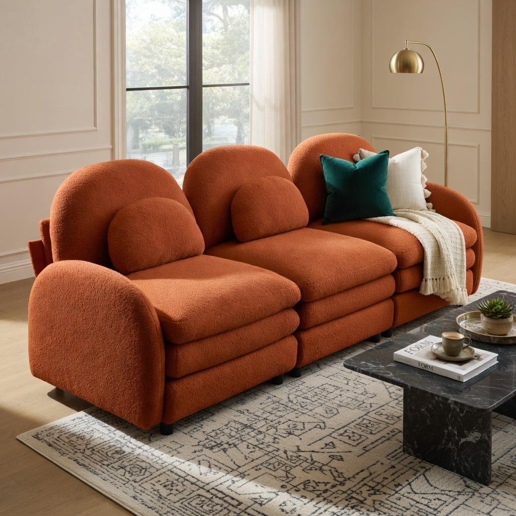 Hommoo Teddy Fleece 4-Seat Modular Sectional Sofa, Cloud-Like Double-Layer Cushions, Curved Backrest & Armrest, Movable Ottoman, Lumbar Support Pillows, Orange