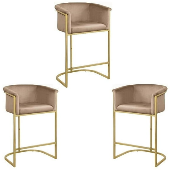 Home Square 3 Piece 27" Velvet Counter Stool Set with Gold Metal Base in Beige