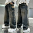 thumbnail image 2 of FINALGANG Boys Kids Casual Cargo Denim Pants Straight Leg Loose Fit Elastic Waist Button Closure Trousers With Pockets For Daily Wear Trendy Bottoms, 2 of 5