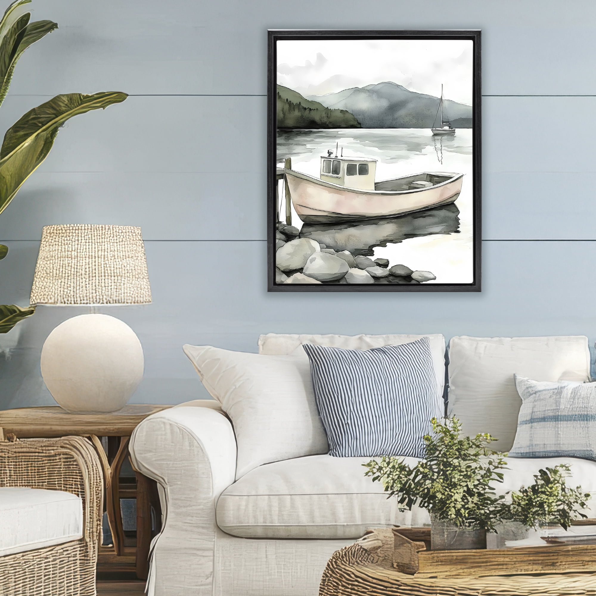 Stupell Industries Coastal Calm Docked Boat Black Framed Floater Canvas Wall Art, design by Riley B