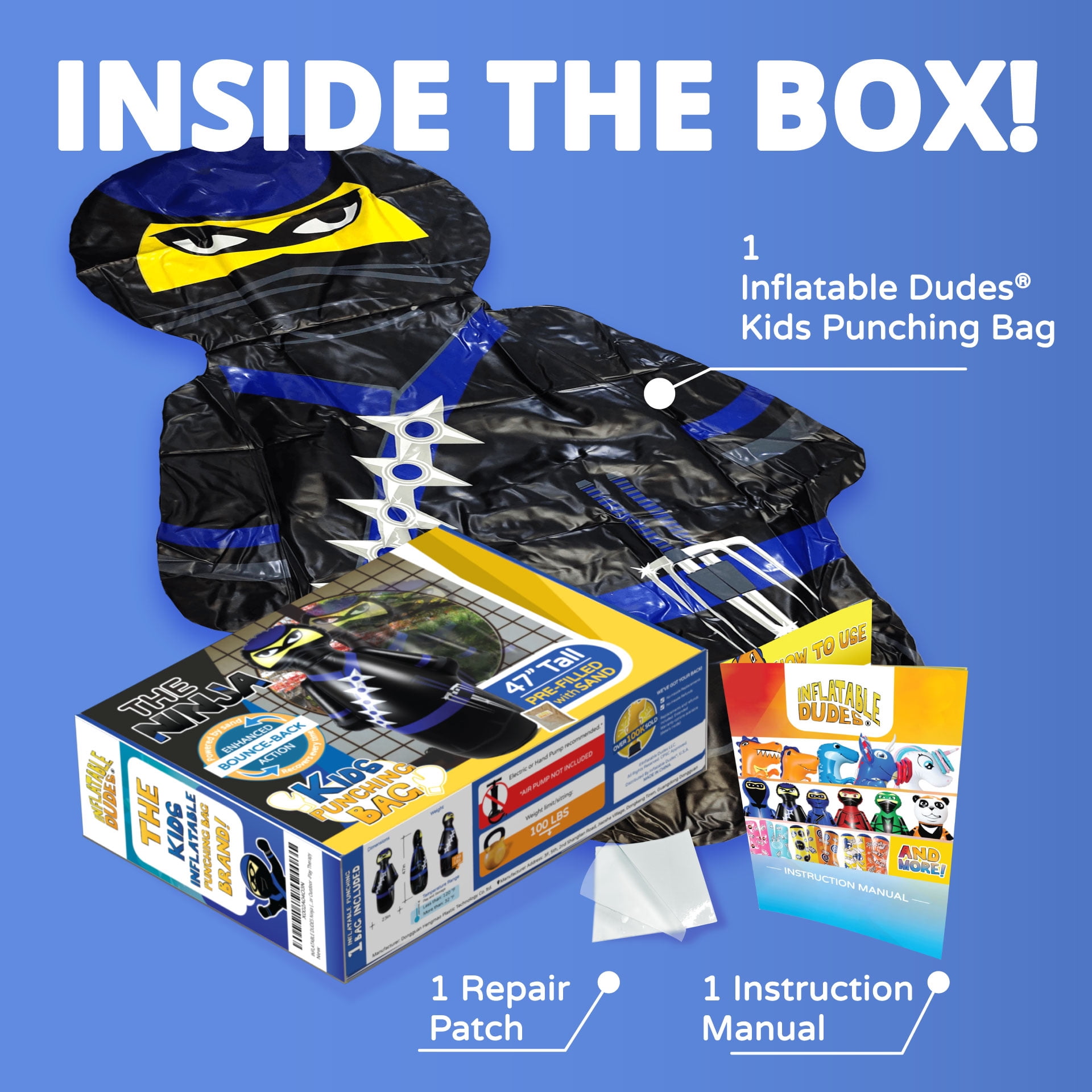 INFLATABLE DUDES Black and Blue Ninja 47 inches - Kids Punching Bag | Filled with Sand