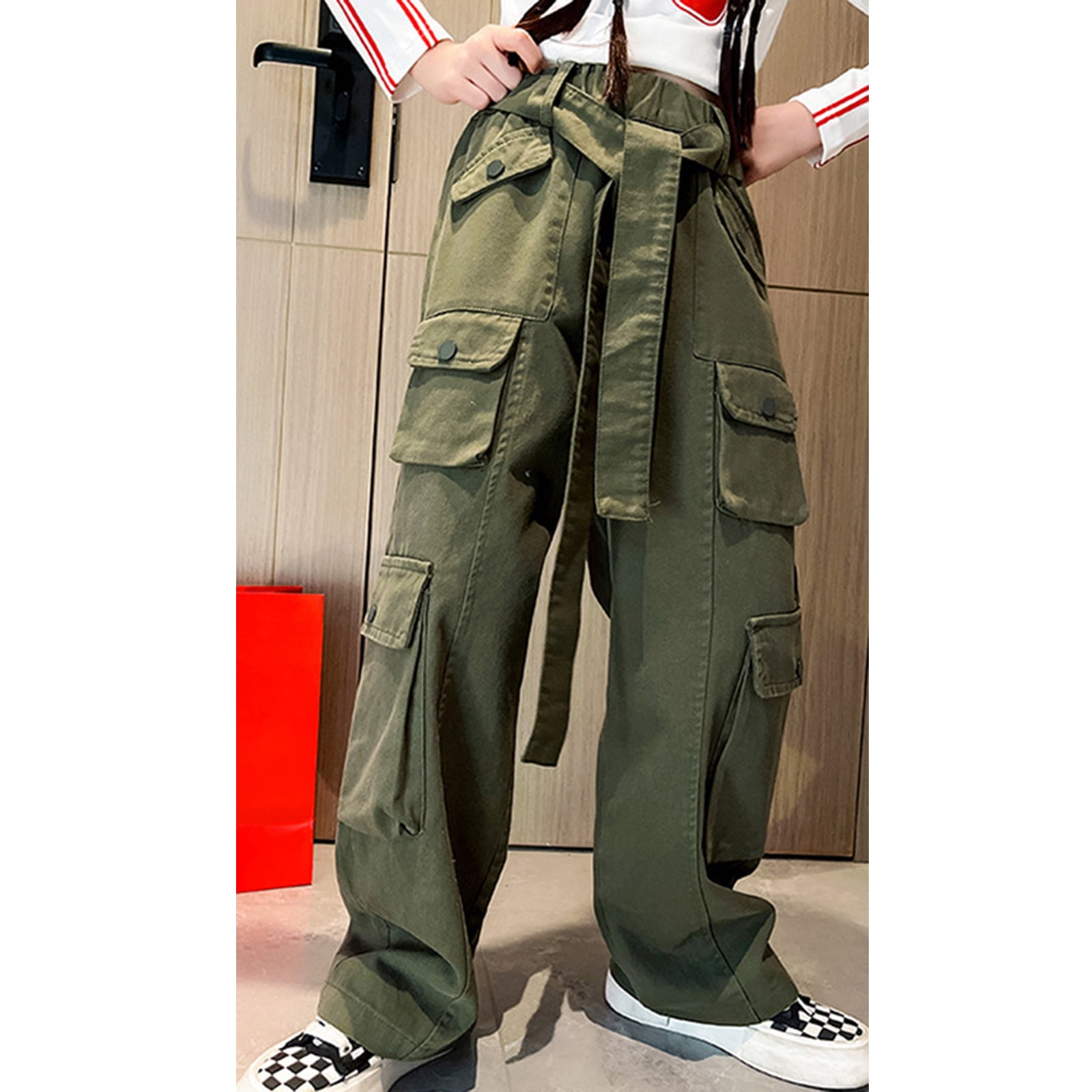 YONGHS Girls Kids Casual Jogger Sweatpants Loose Cargo Pants Trousers Hip  Hop Jazz Street Dancewear Army Green 12-13