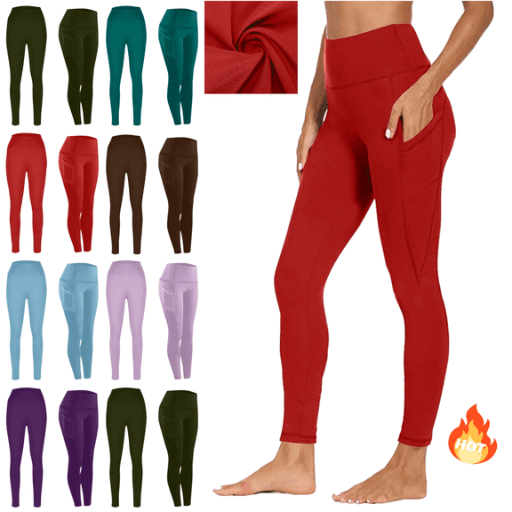 Mifsaly Women's High Waist Solid Color Yoga Leggings with Side Pockets Seamless Stretchy Workout Tights for Gym Fitness In Red XL