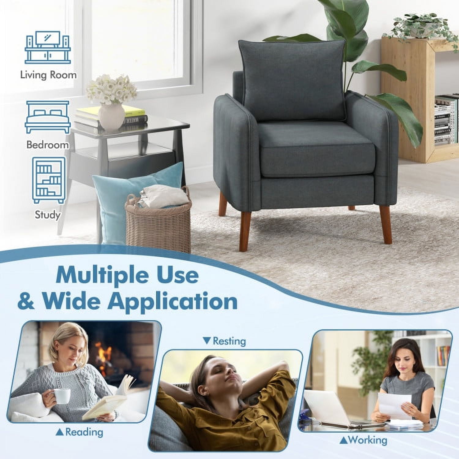 Finihen Upholstered Accent Armchair, Fabric Upholstered Sofa Chair with Removable Back and Seat Cushions, for Living Room, Bedroom, Gray