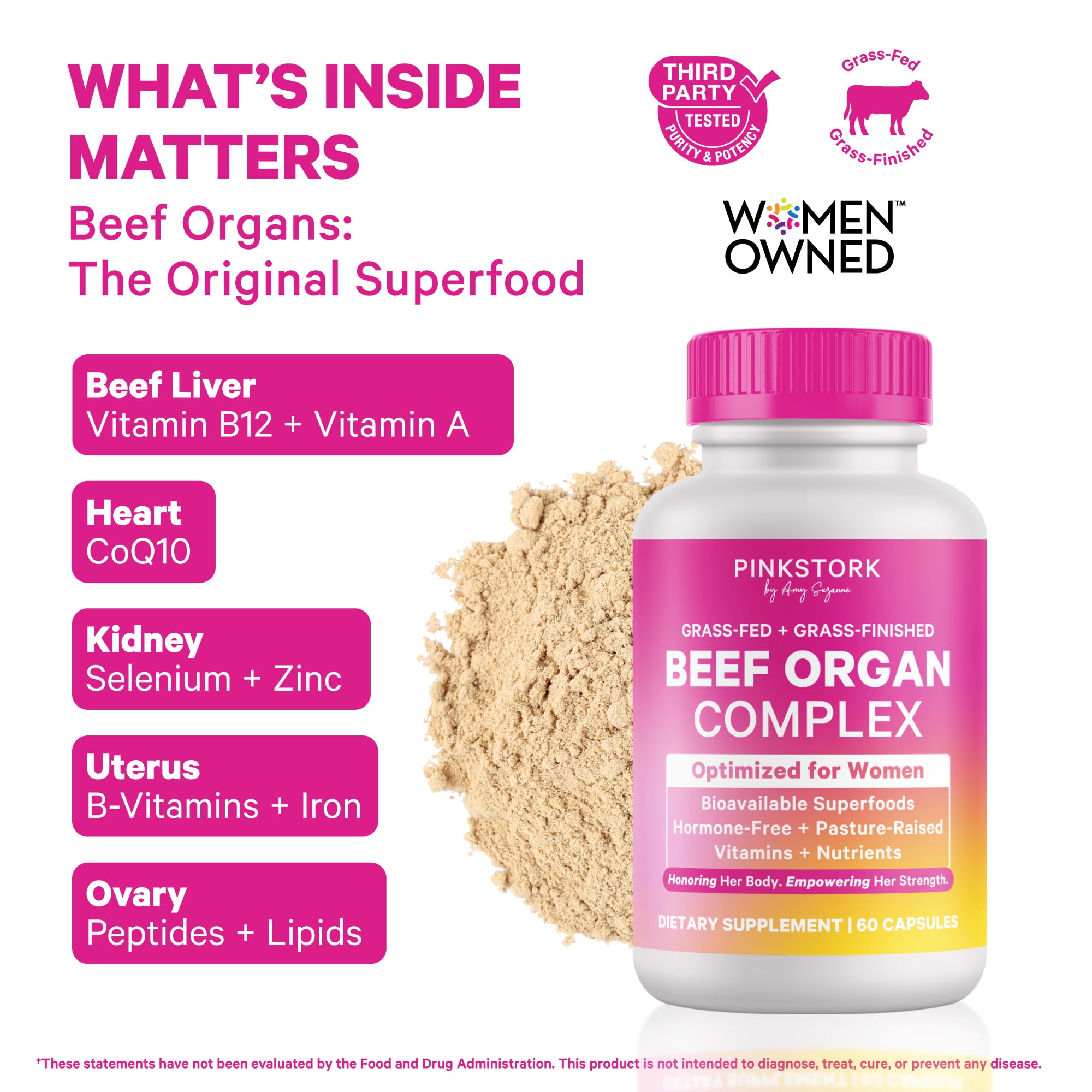Pink Stork Beef Organ Supplement for Women | Grass-Fed Beef Liver Capsules with Iron, B12, CoQ10, Vitamin A | Primal Multivitamin | Female Hormone + Energy Support | 60 Capsules