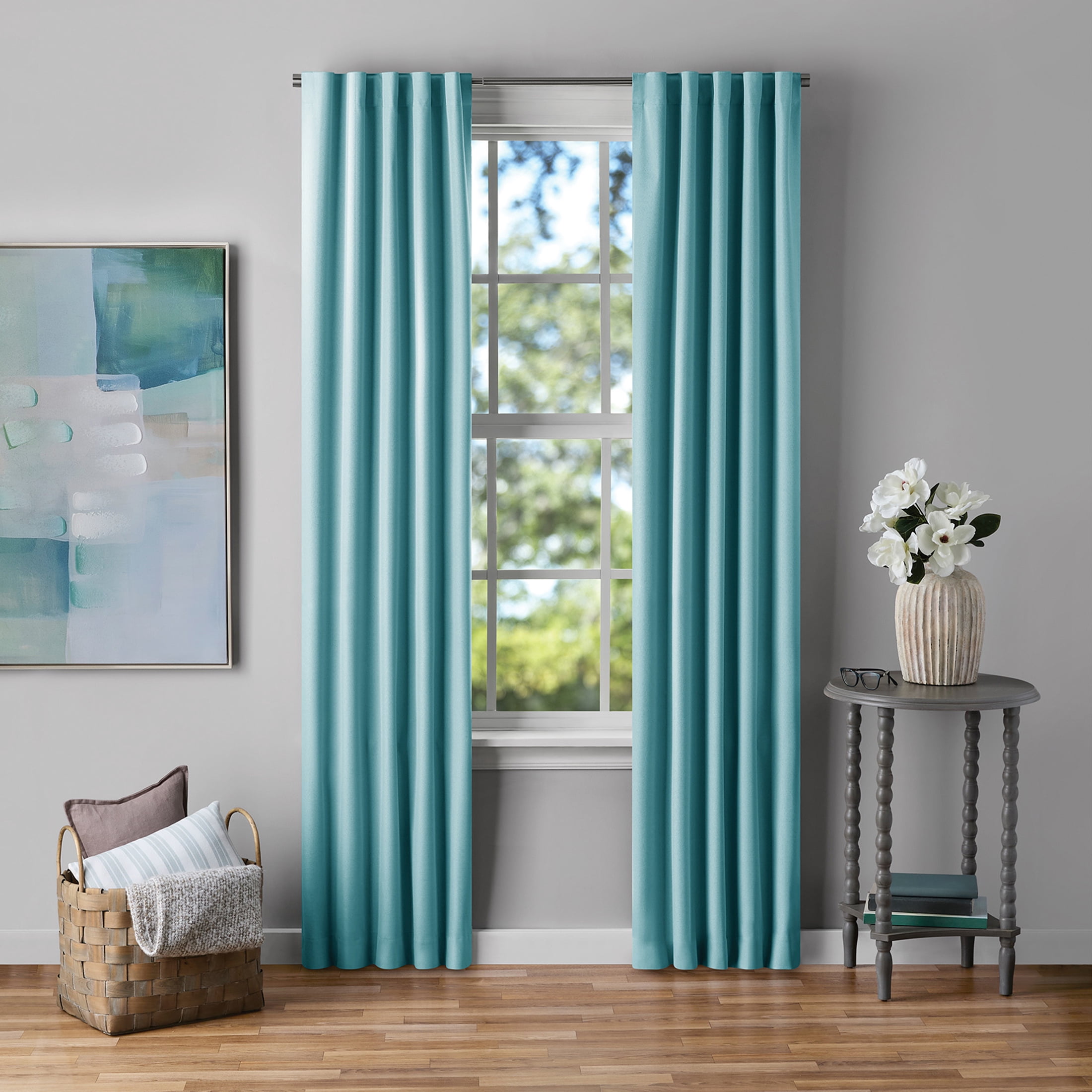 Mainstays Light Blue Solid Blackout Rod Pocket with Back Tabs Curtain Panel Pair, Set of 2, 30" W x 84" L