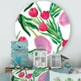 thumbnail image 2 of Designart 'Blooming Beautiful Pink Tulips Flowers On White' Traditional Circle Metal Wall Art 11x11 - Disc of 11, 2 of 5
