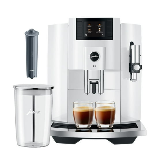 Jura E8 Automatic Espresso Machine (Piano White) w/ Milk Container and Filter