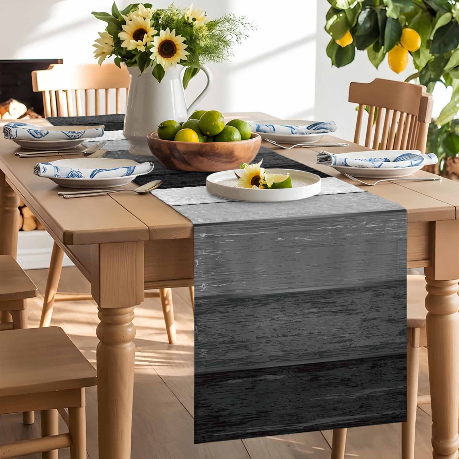 Farm Retro Wood Grain Black Gray Table Runner 90 Inches Long, Farmhouse Gradient Stripes Table Runners Tabletop Scarf Kitchen Dining Tables Decoration for Home Party Indoor Outdoor