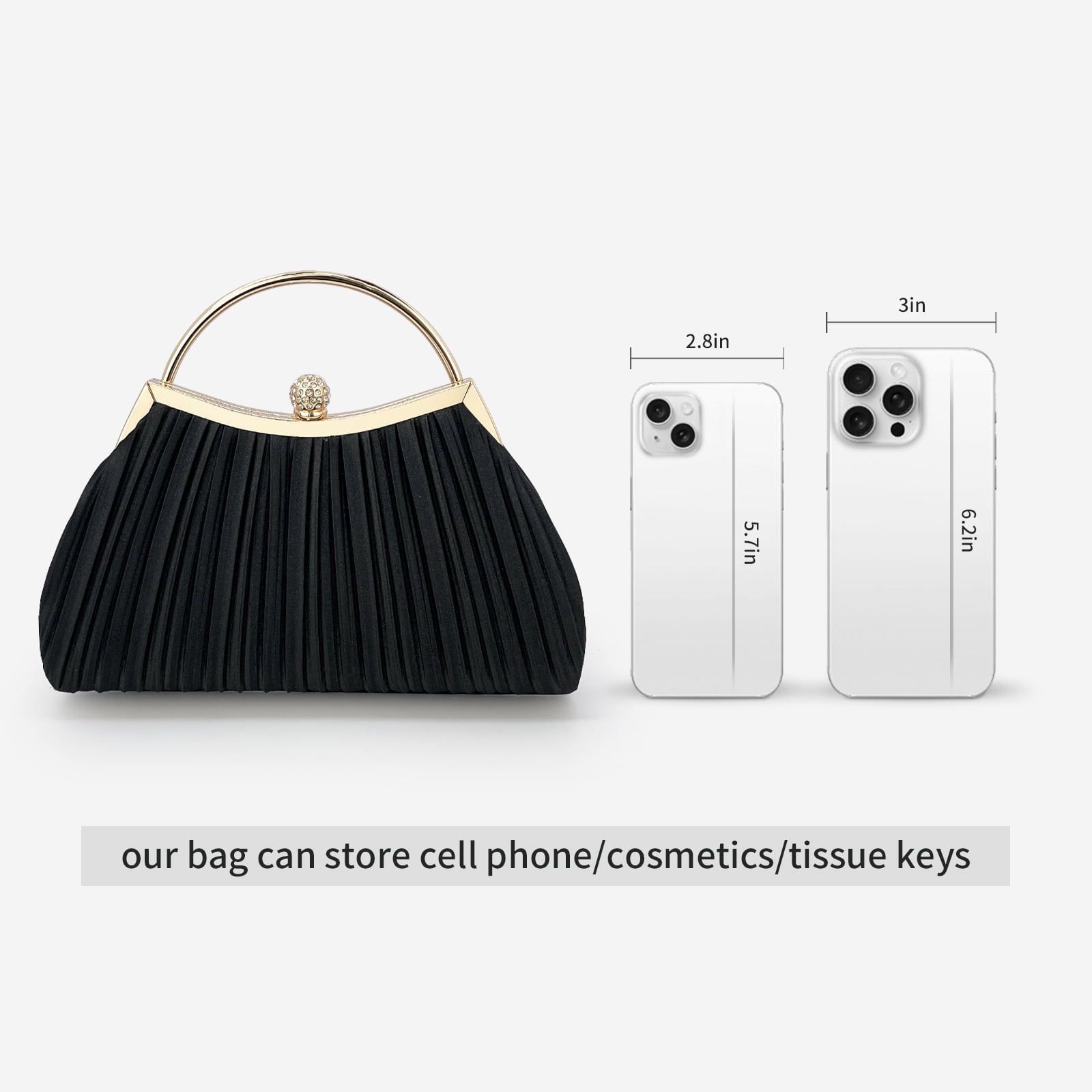 Clutch Purses for Women Evening Bags Party Clutches Handbag With Detachable Chain Strap for Cocktail Party Black Wedding Purses with Pleated