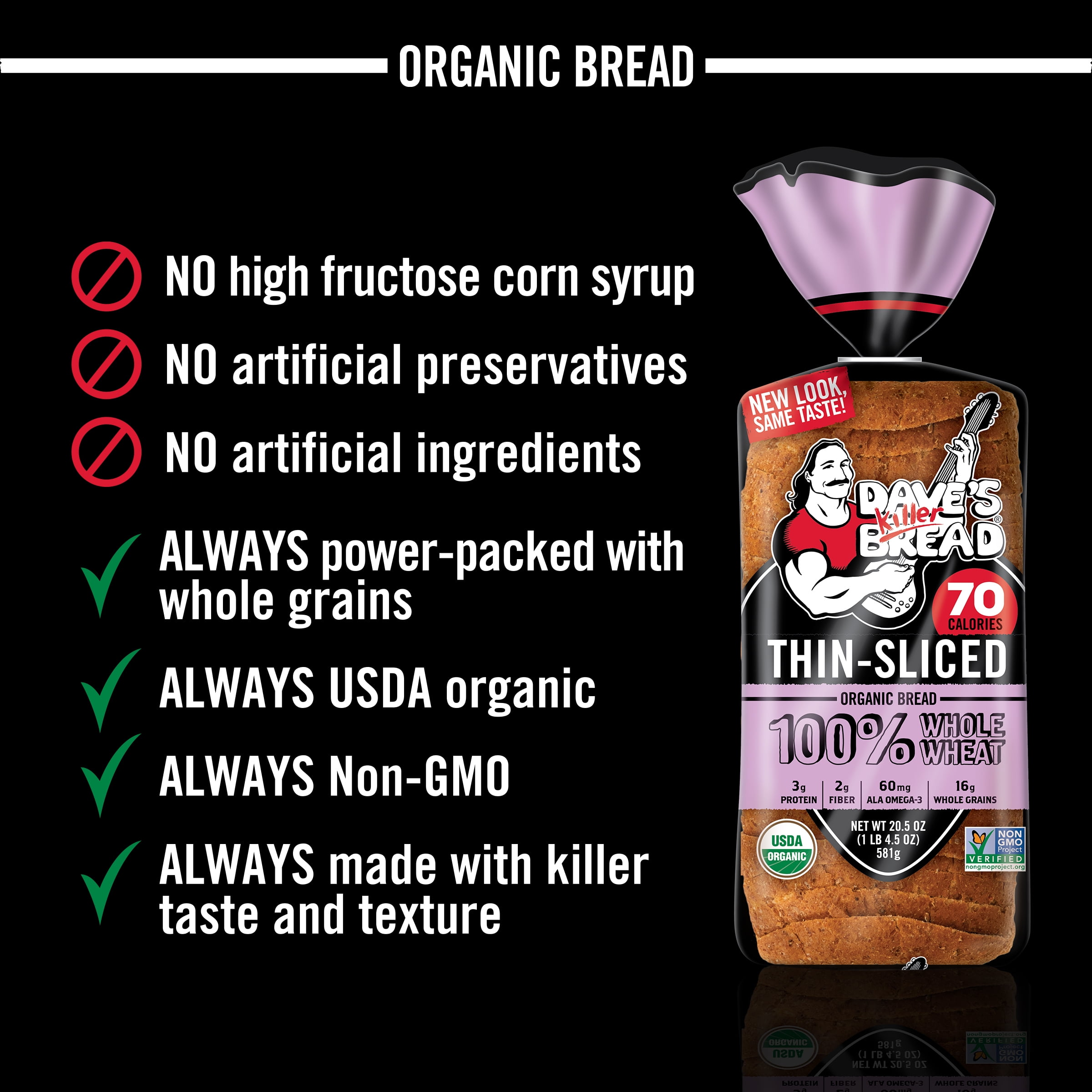 Dave's Killer Bread 100% Whole Wheat Thin-Sliced, Organic Whole Wheat Bread, 20.5 oz Loaf