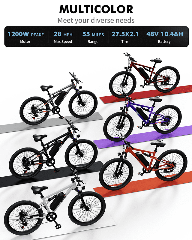 Qlife Racer 27.5 Inch Electric Bicycle for Adults, Full Suspension 21-Speed Mountain Ebike with Peak 1200W 28MPH Brushless Motor, 48V10.4Ah, (Orange) with Fender & Rear Rack