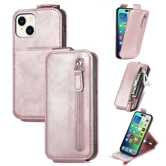 SaniMore for iPhone 14 Magnetic Closure Top & Bottom Flip Wallet Case, Premium PU Leather Cover with Car Mount Card Slot & Adjustable Kickstand Full Body Protective Shell, Rosegold