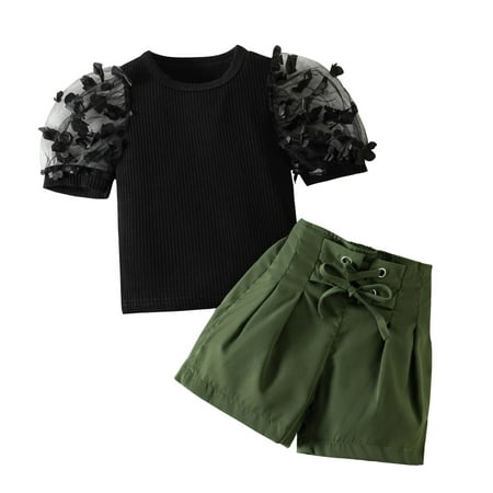 

Solid Color Girls Outfits Short Sleeve Ribbed Shorts 2PCS Children Kids Spring Summer Casual Cartoon Fashion Outwear Streetwear Sets